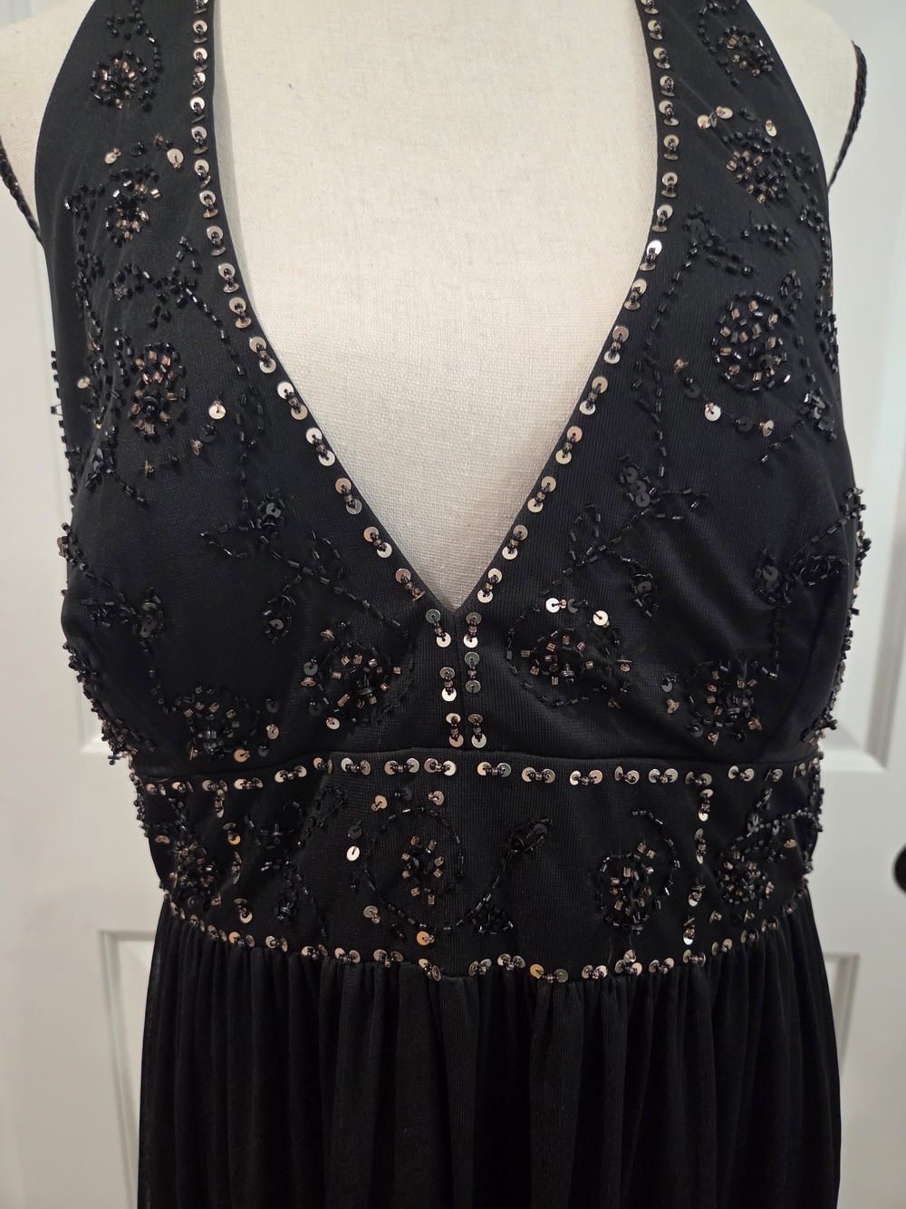 DressBarn Collection Black Beaded Halter Maxi Formal Evening Gown Dress Sz 14 - Picture 4 of 9